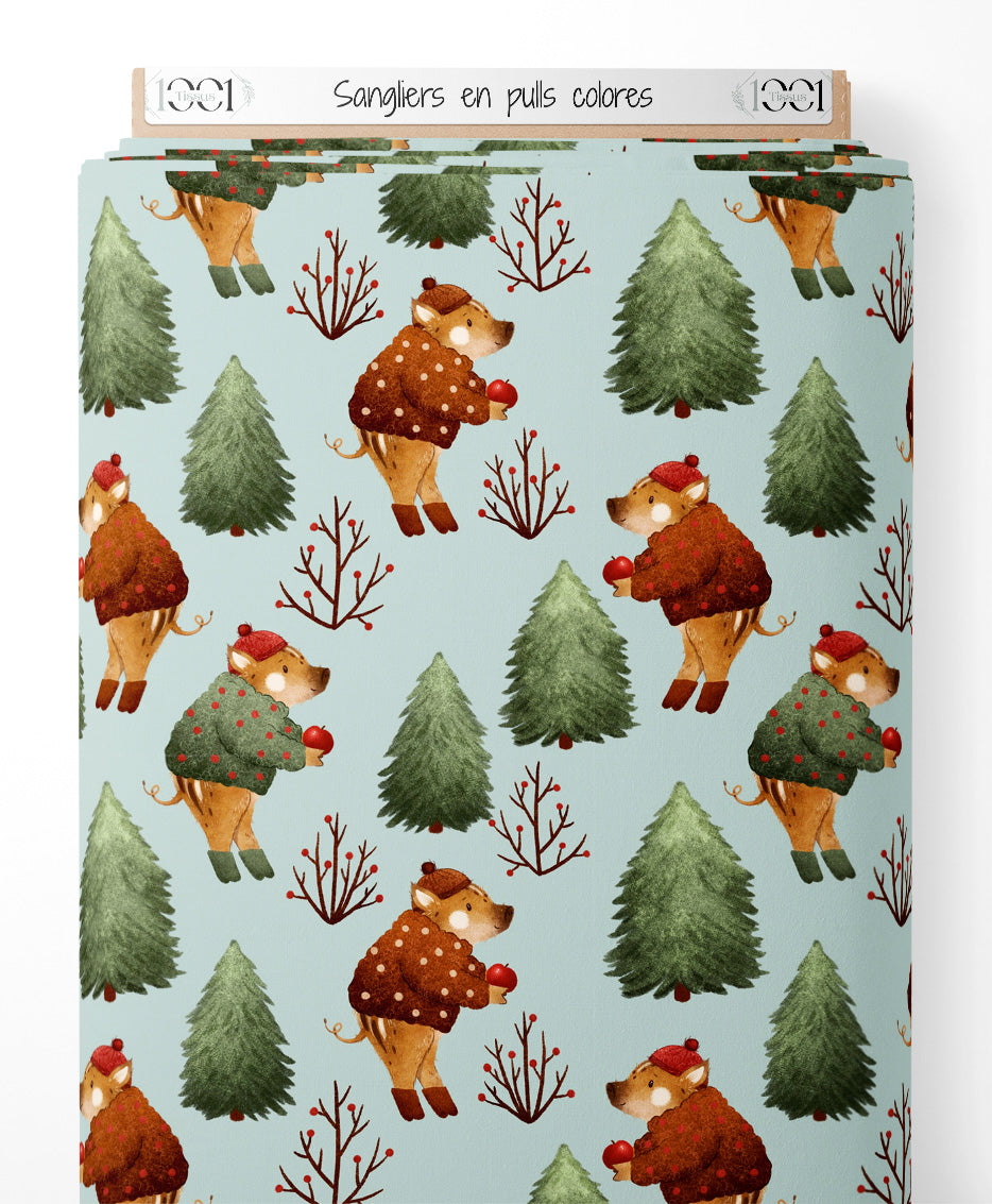 Tissu - Sangliers en pulls colorés