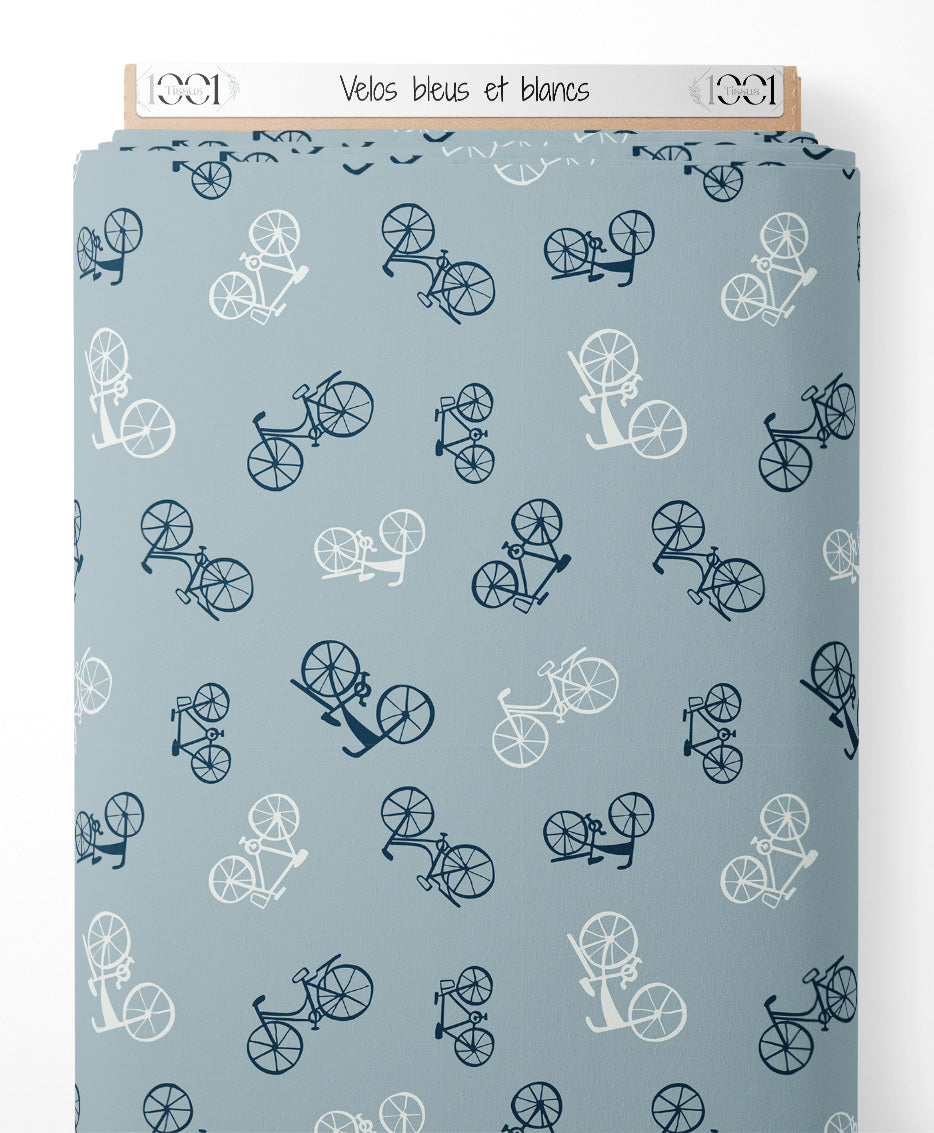 Tissu - Vélos bleus et blancs