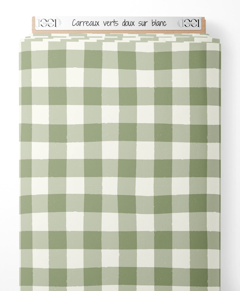 Tissu - Carreaux verts doux sur blanc