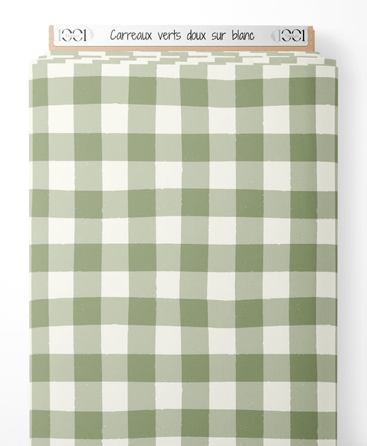 Tissu - Carreaux verts doux sur blanc
