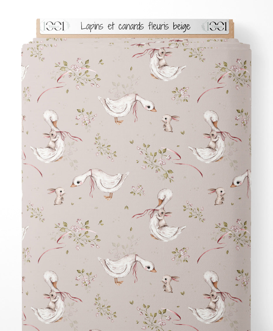 Tissu - Lapins et canards fleuris beige