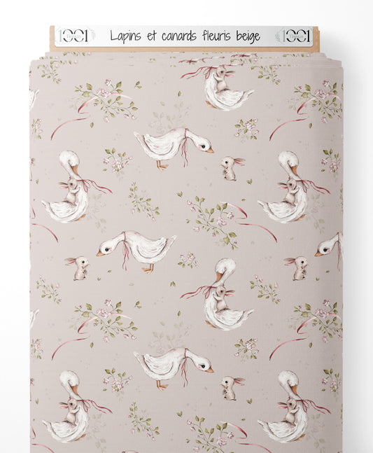 Tissu - Lapins et canards fleuris beige