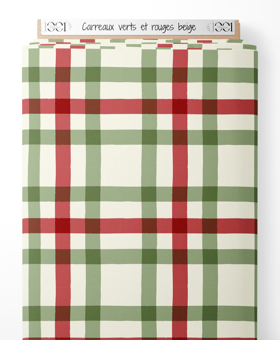 Tissu - Carreaux verts et rouges beige