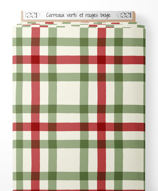 Tissu - Carreaux verts et rouges beige