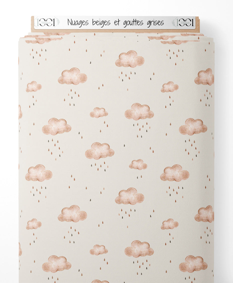 Tissu - Nuages beiges et gouttes grises