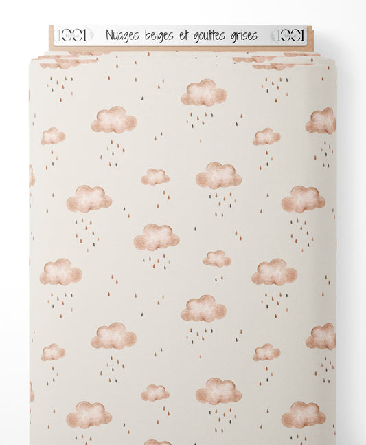Tissu - Nuages beiges et gouttes grises