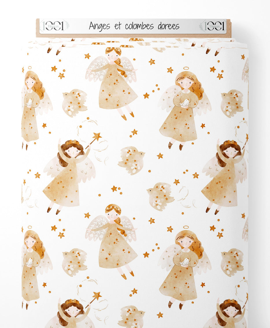 Tissu - Anges et colombes dorées