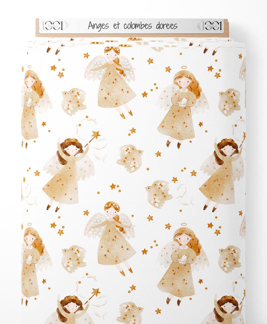Tissu - Anges et colombes dorées