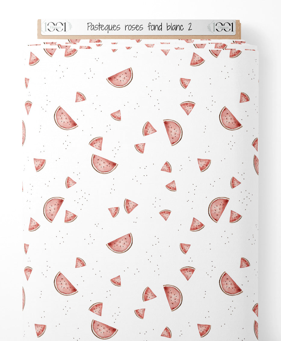 Tissu - Pastèques roses sur fond blanc 2