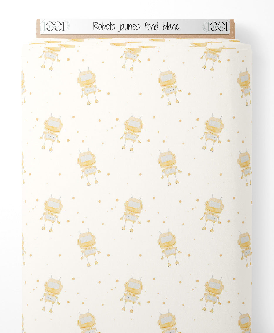 Tissu - Robots jaunes sur fond blanc