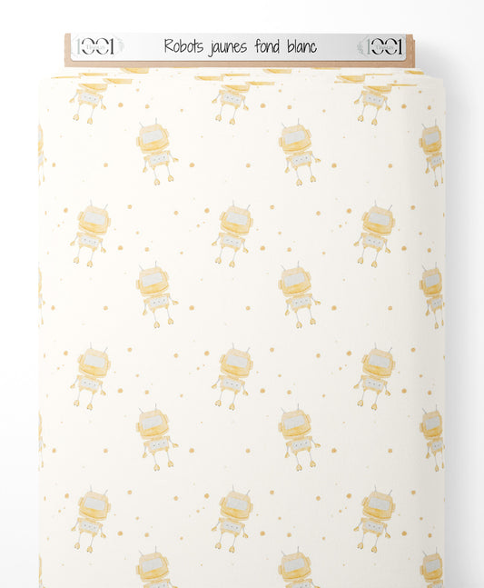 Tissu - Robots jaunes sur fond blanc