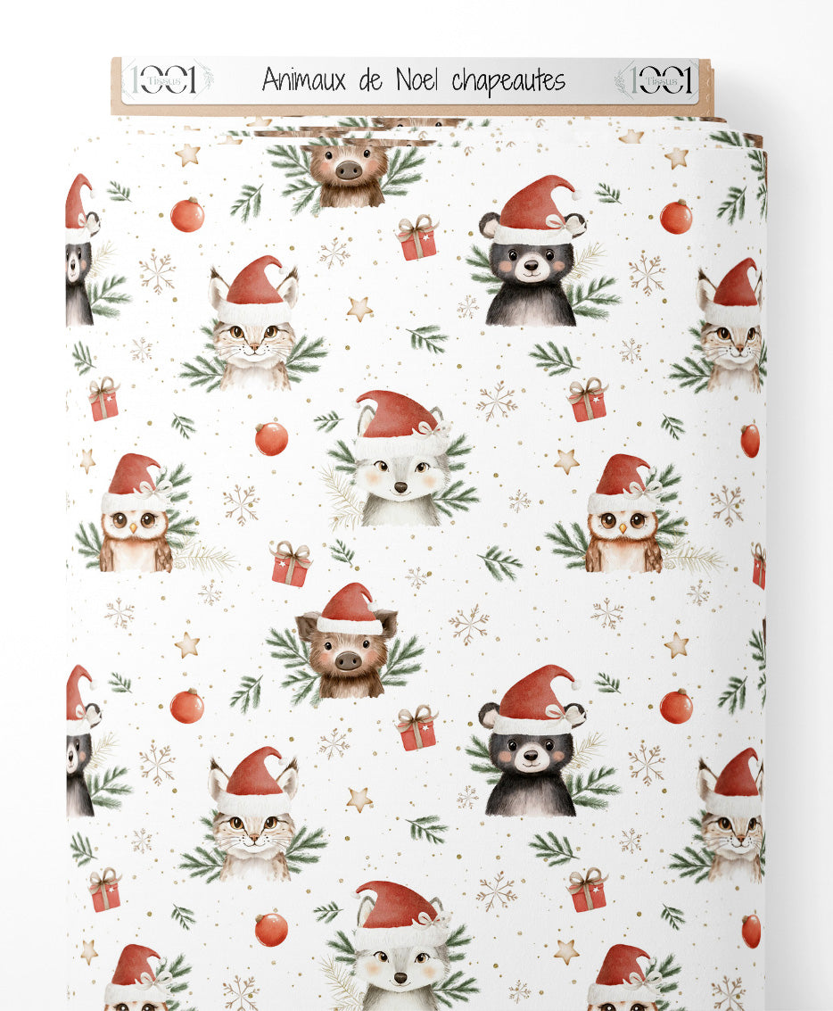 Tissu - Animaux de Noël chapeautés