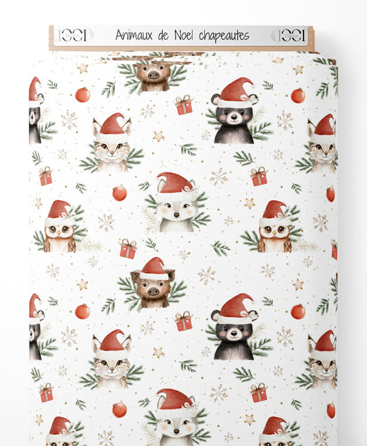 Tissu - Animaux de Noël chapeautés