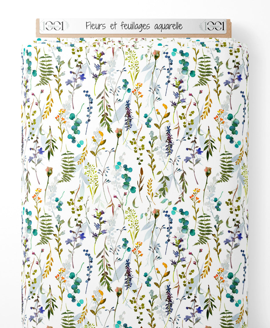 Tissu - Fleurs et feuillages aquarelle