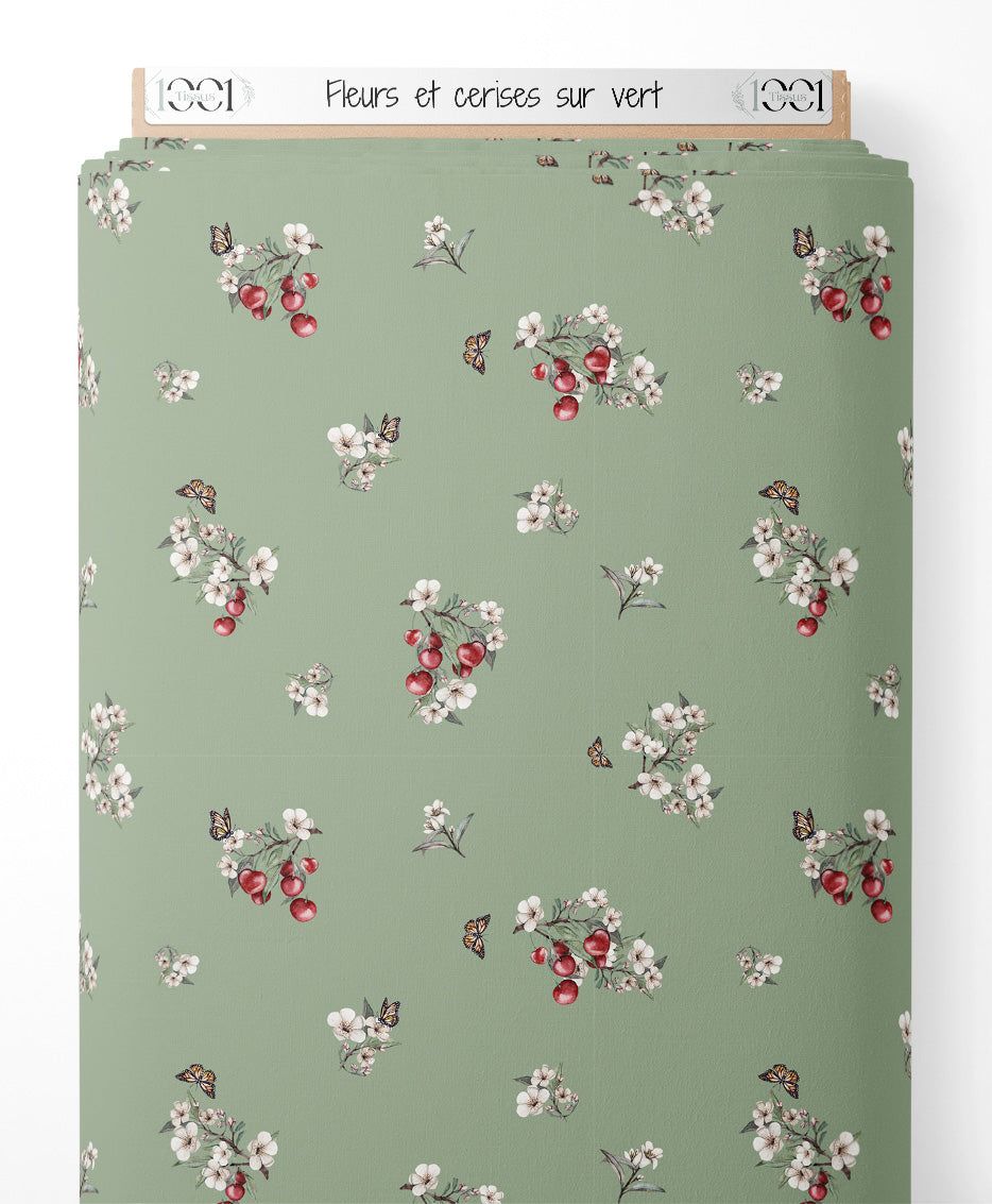 Tissu - Fleurs et cerises sur vert