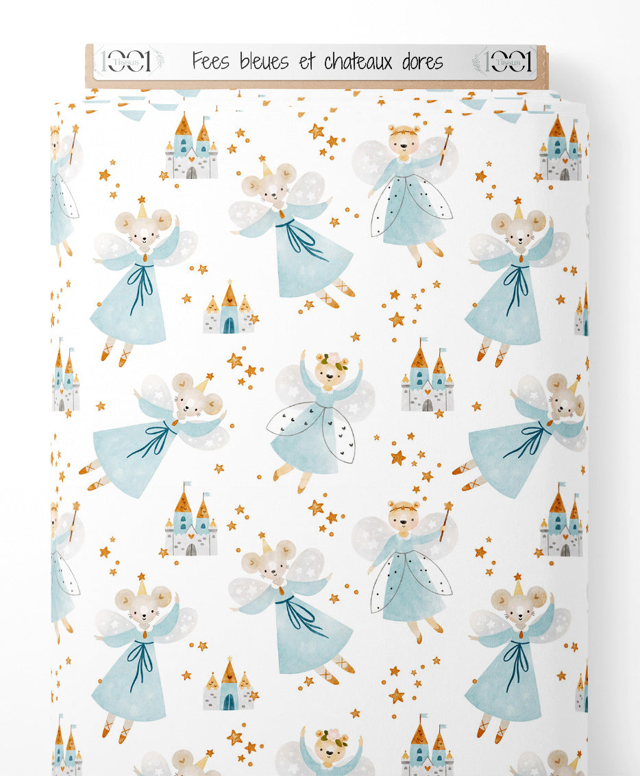 Tissu - Fées bleues et châteaux dorés