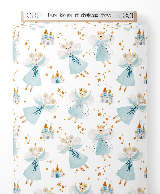 Tissu - Fées bleues et châteaux dorés