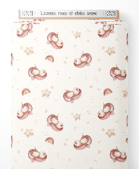 Tissu - Licornes roses et étoiles crème