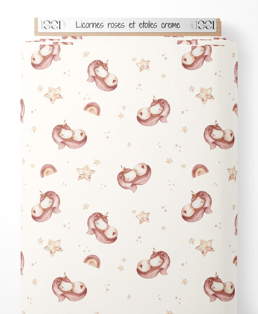 Tissu - Licornes roses et étoiles crème