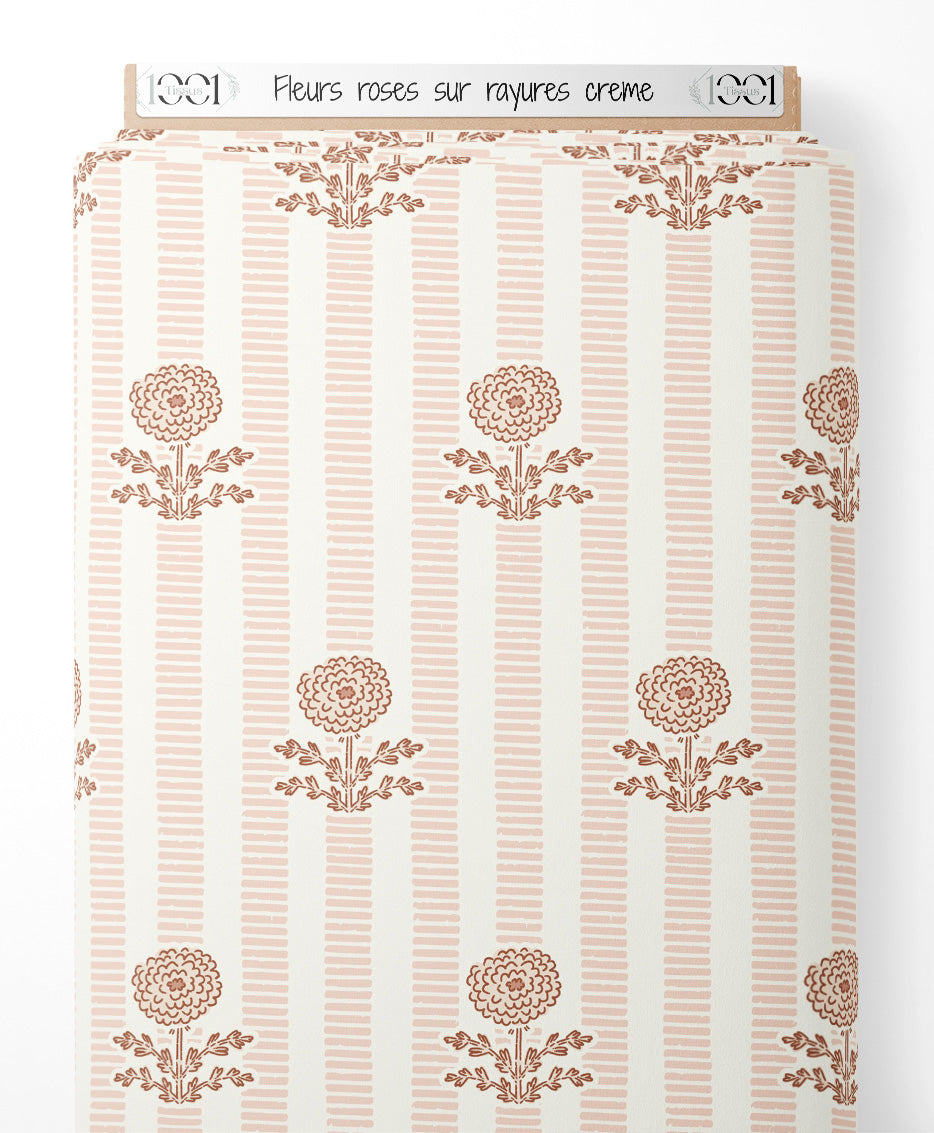 Tissu - Fleurs roses sur rayures crème
