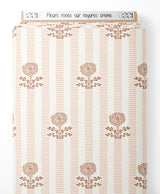 Tissu - Fleurs roses sur rayures crème