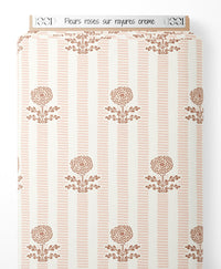 Tissu - Fleurs roses sur rayures crème