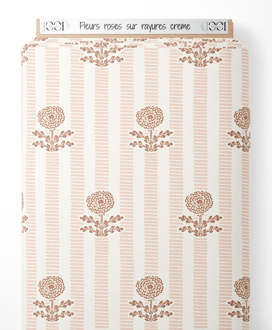 Tissu - Fleurs roses sur rayures crème