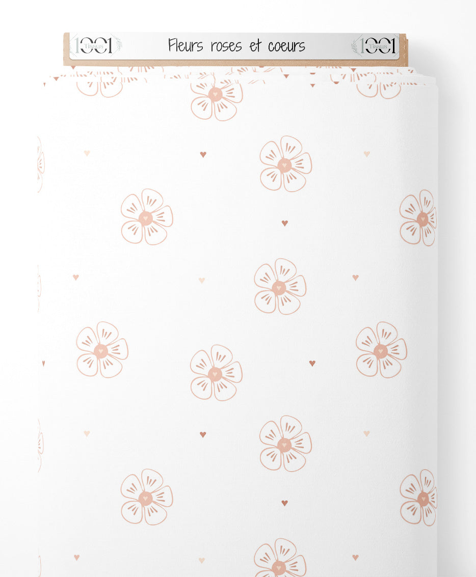 Tissu - Fleurs roses et cœurs