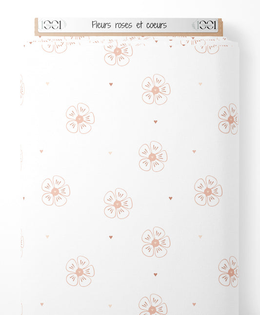 Tissu - Fleurs roses et cœurs