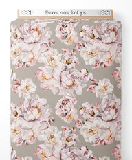 Tissu - Pivoines roses sur fond gris