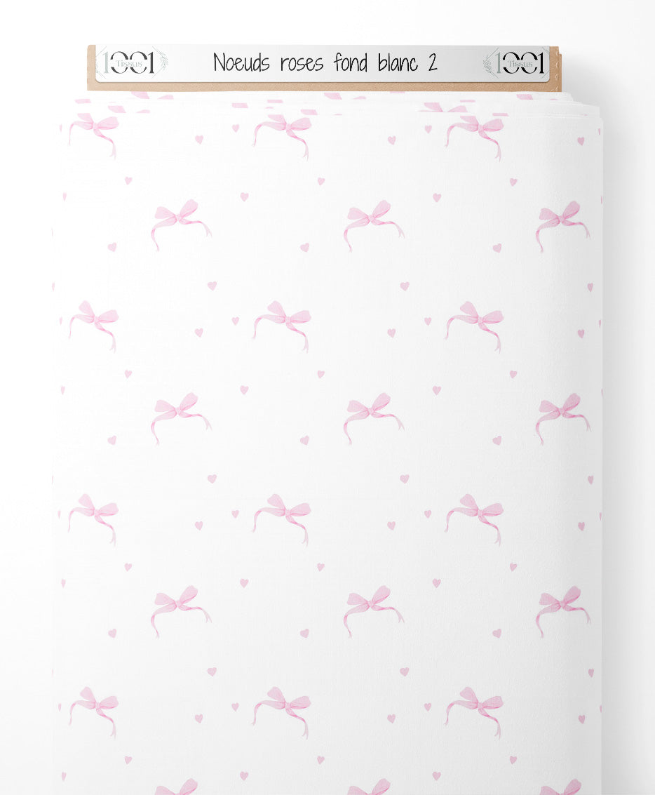 Tissu - Nœuds roses sur fond blanc 2
