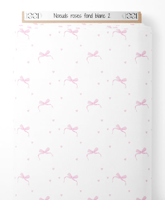 Tissu - Nœuds roses sur fond blanc 2