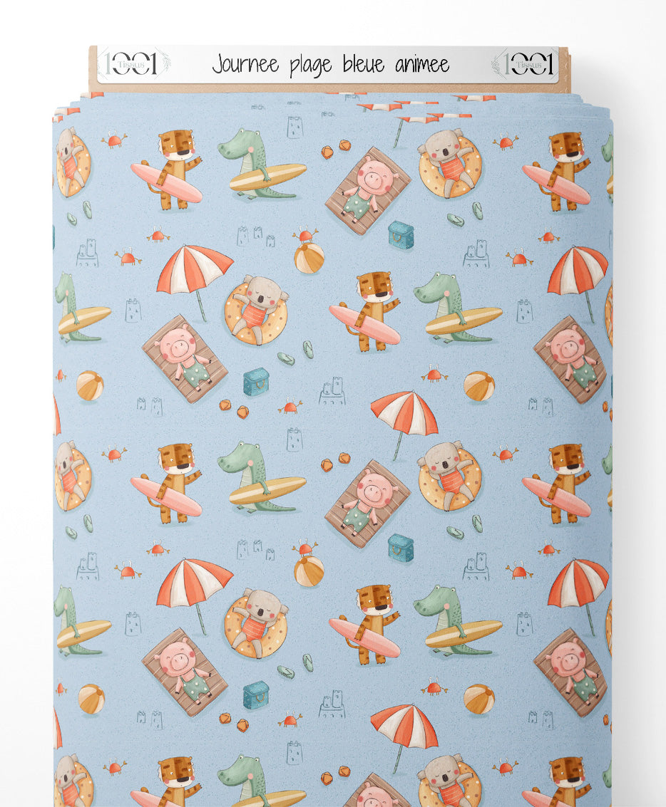 Tissu - Journée plage bleue animée