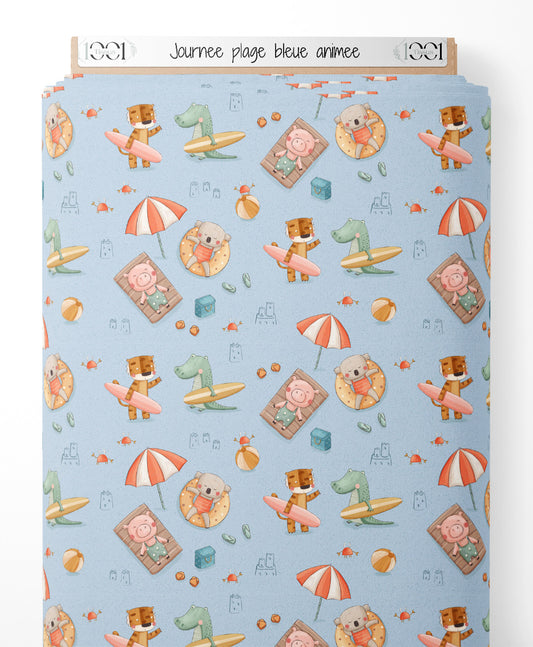 Tissu - Journée plage bleue animée