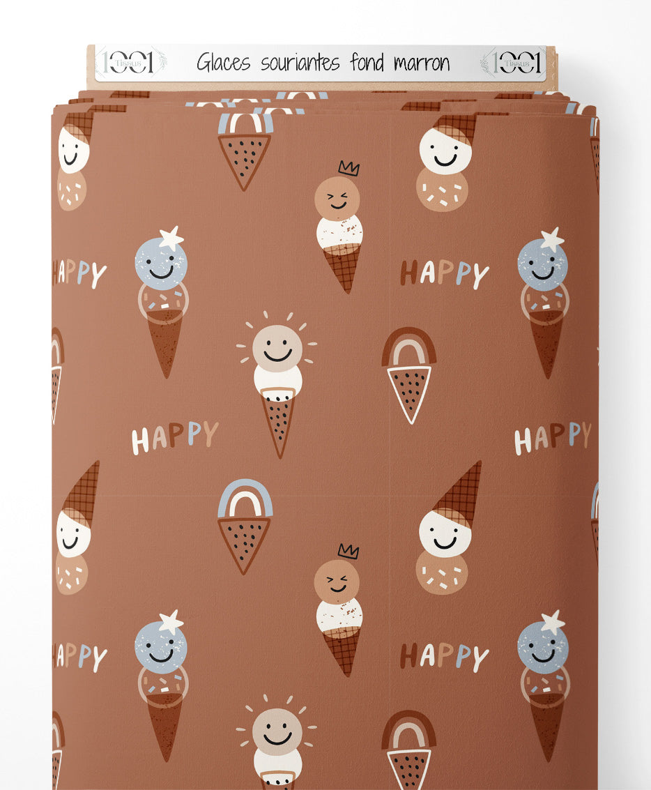 Tissu - Glaces souriantes sur fond marron
