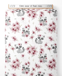 Tissu - Raton laveur et fleurs roses
