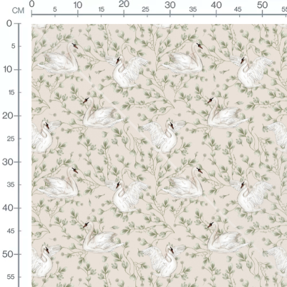 Tissu - Cygnes sur fond beige et vert