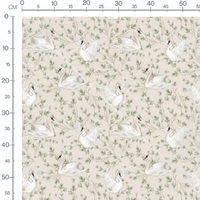 Tissu - Cygnes sur fond beige et vert