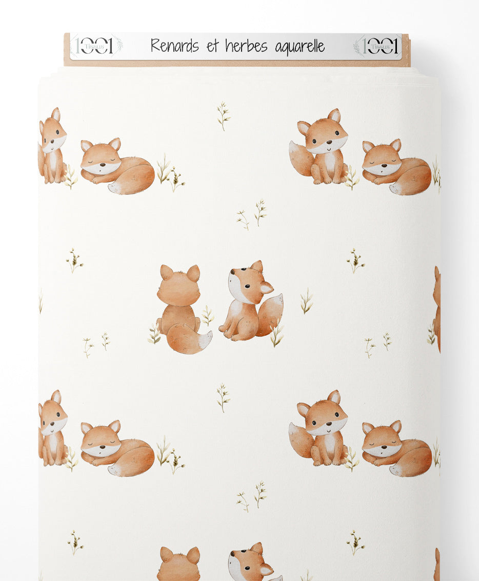 Tissu - Renards et herbes aquarelle