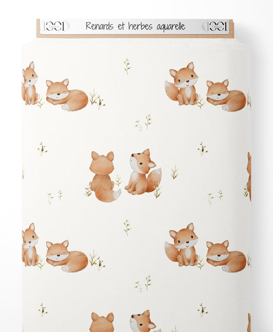 Tissu - Renards et herbes aquarelle