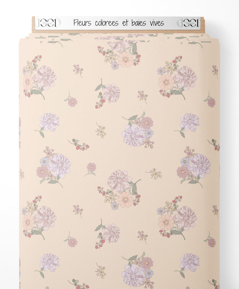 Tissu - Fleurs colorées et baies vives