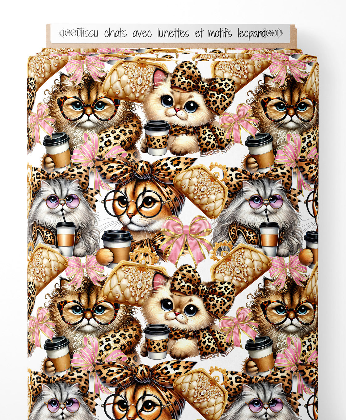 Tissu - chats avec lunettes et motifs leopard