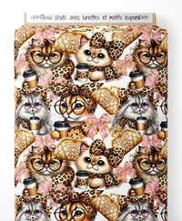 Tissu - chats avec lunettes et motifs leopard