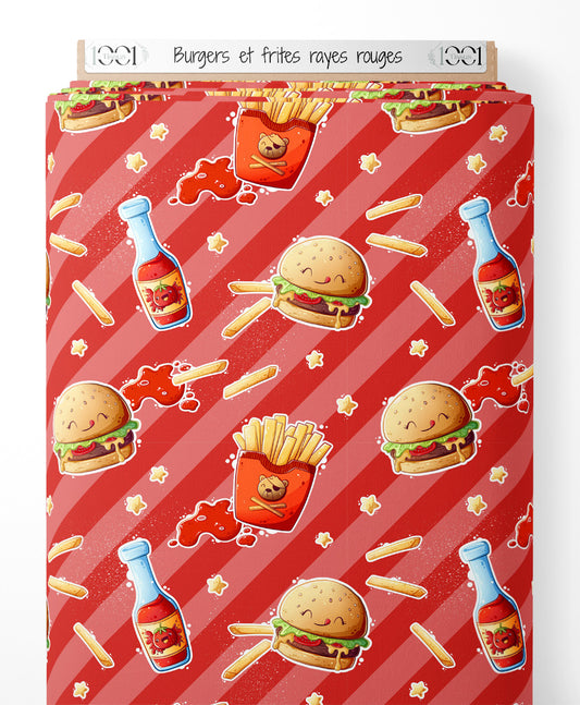 Tissu - Burgers et frites rayés rouges