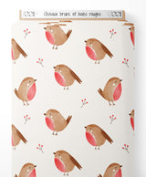 Tissu - Oiseaux bruns et baies rouges
