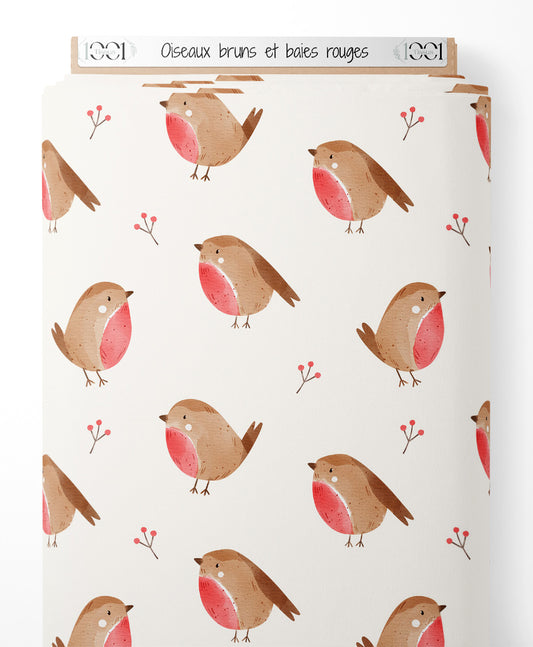 Tissu - Oiseaux bruns et baies rouges