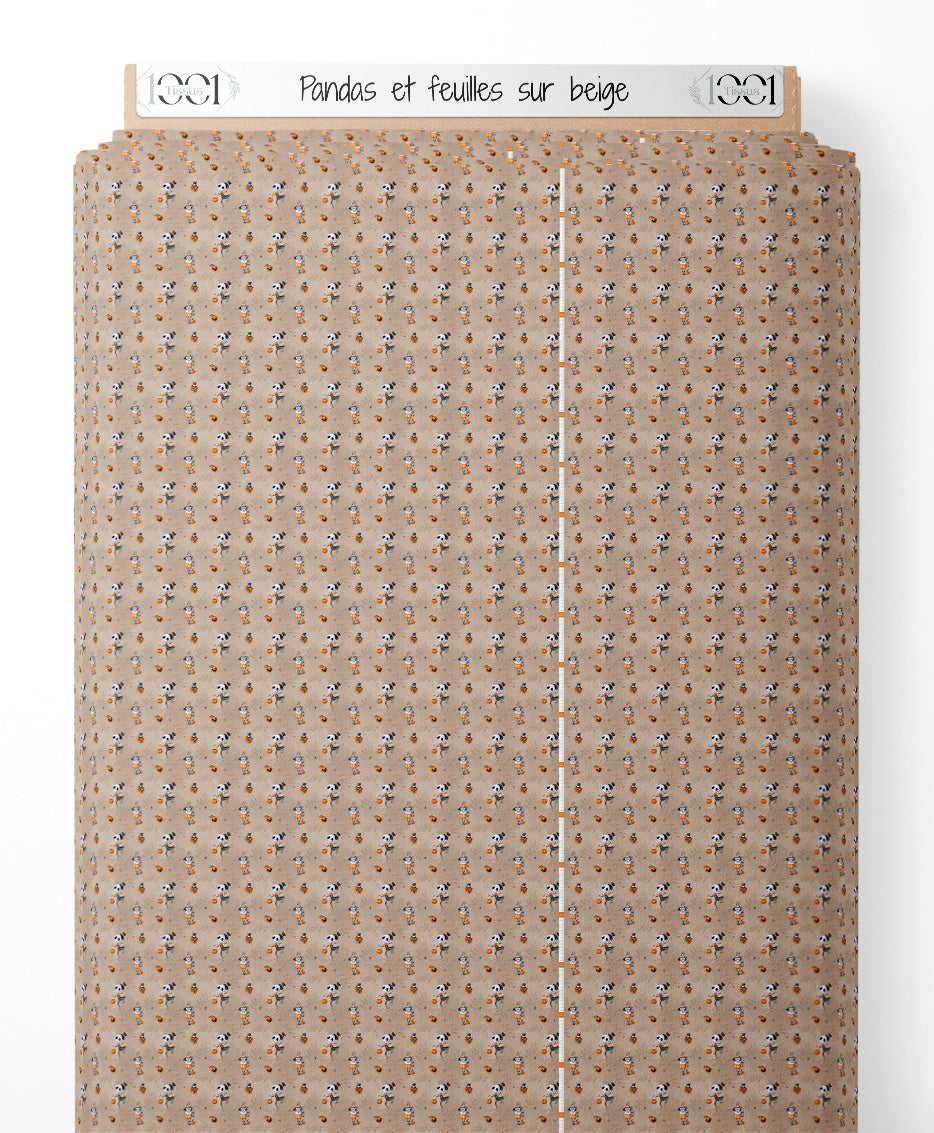 Tissu - Pandas et feuilles sur beige