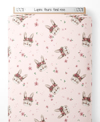 Tissu - Lapins fleuris sur fond rose