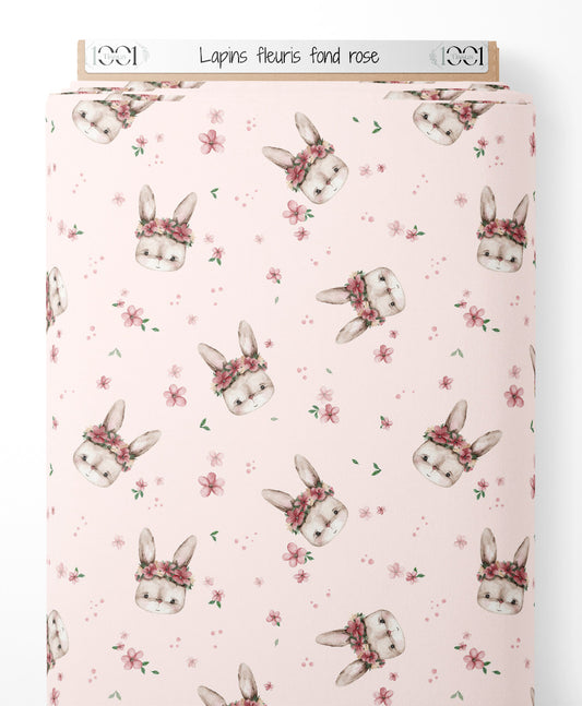 Tissu - Lapins fleuris sur fond rose