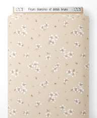 Tissu - Fleurs blanches et détails bruns